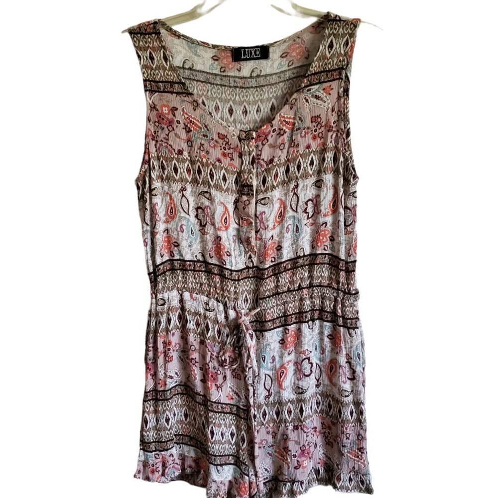 LUXE Floral Paisley Boho 100% Rayon Sleeveless Romper Made In USA Small